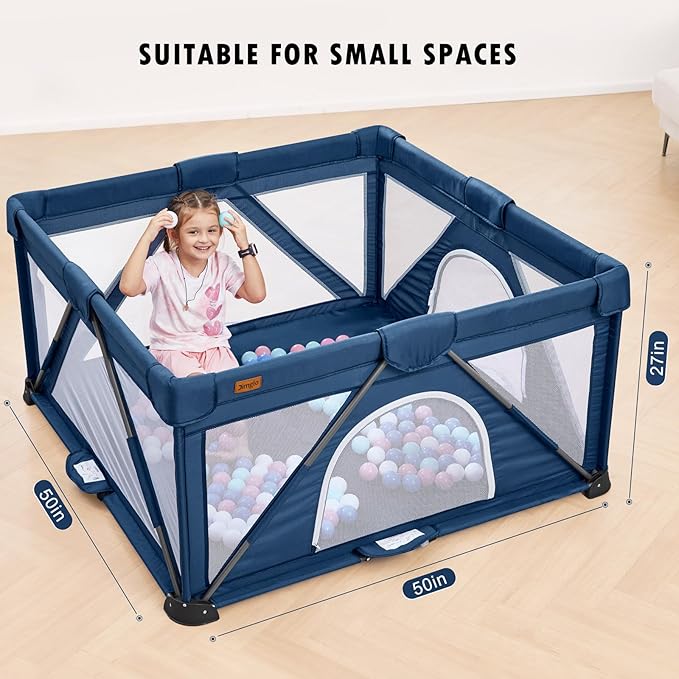 Baby Playpen Foldable, Playard for Babies and Toddlers, Portable Playpen Activity Center with 50 Balls+2 Handles for Travel, Indoor & Outdoor Play Pen with Mesh 50''x50''-CubbioJoy