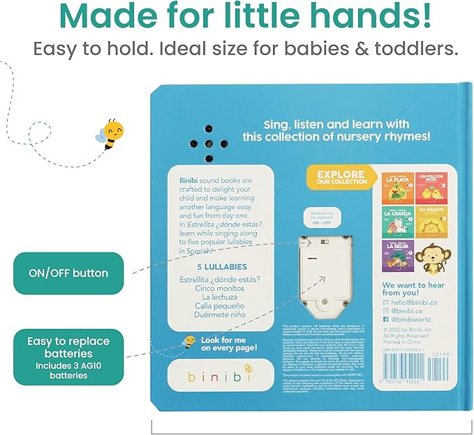 Binibi Spanish Musical Book for Toddlers 1-3 Estrellita ¿Dónde Estás? & Other Nursery Rhymes | Spanish Learning for Kids | Bilingual Children's Sound Book | Libro en español para bebés-CubbioJoy