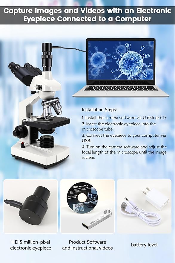 40X-5000X Compound trinocular Microscopes trinocular for Adults, with 5.0 mp Camera with Microscope Slides 30p, Microscope Accessories, Microscopes for School Laboratory Home Education Abbe Condenser-CubbioJoy