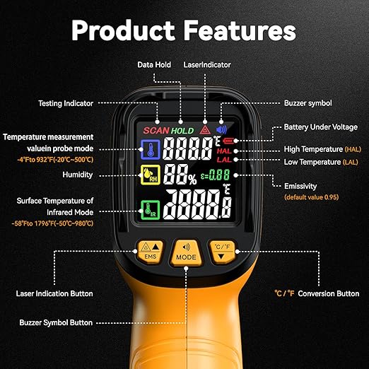 50:1 Infrared Thermometer -58F to 1796F, Laser Temp Gun with Thermocouple Probe for Pizza Oven, HVAC, BBQ, High Temp Gun with Humidity Sensor, Accurate for Home and Industrial Use-CubbioJoy