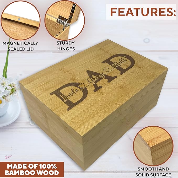 Dad Gifts from Son - Custom Engraved Wooden Box with Kids Names, Unique First Father's Day Gift Ideas, Customized Gifts for Dad for Christmas, Papa Grandpa Gift Fathers Day from Grandkids 11x8x4.75 in-CubbioJoy
