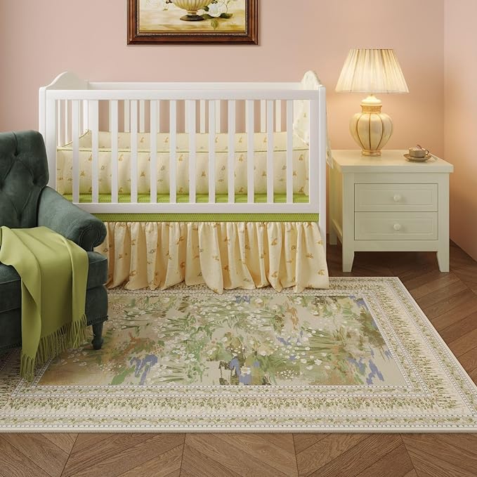 Area Rugs 8x10 Clearance Impressionist-Style Vintage Washable Area Rug Non Slip Low Pile Large Rug for Bedroom Farmhouse Dining Room Kids Playroom, Beige-CubbioJoy