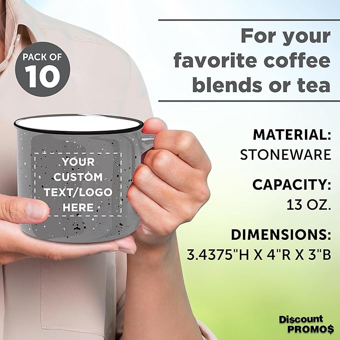 DISCOUNT PROMOS Custom Ceramic Campfire Coffee Mugs 13 oz. Set of 10, Personalized Bulk Pack - Perfect for Tea, Espresso, Cappuccino, Hot Cocoa - Grey-CubbioJoy
