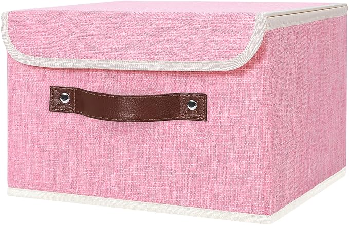 ANMINY Storage Bin with Lid Storage Boxes with PU Leather Handles PP Plastic Board Decorative Foldable Lidded Cotton Linen Fabric Home Cubes Baskets Closet Organizer Container - Pink, Small Size-CubbioJoy