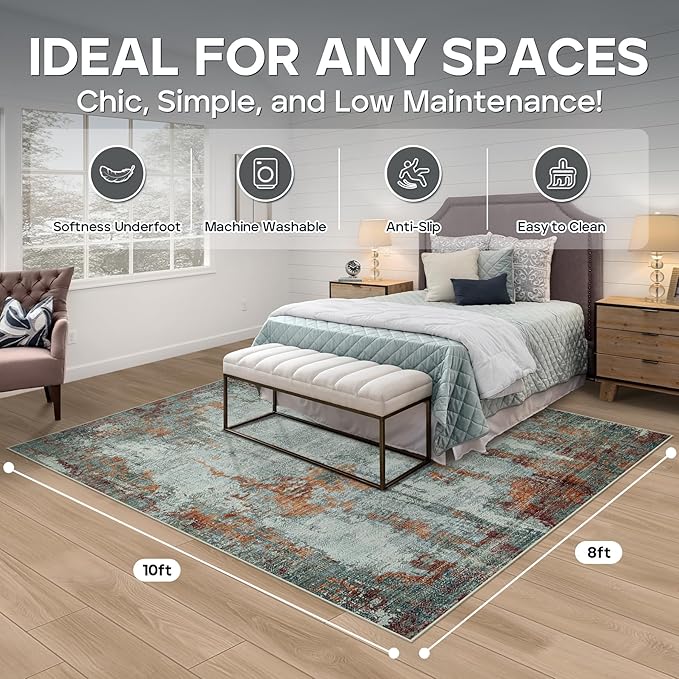 8x10 Area Rugs for Living Room Rug Washable: Modern Large Rug for Dining Room Bedroom Carpet Non Slip 8 by 10 Indoor Abstract Nursery Home Office Red Brown-CubbioJoy