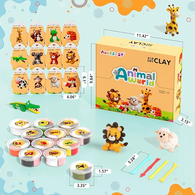 Air Dry Clay Kit - Animal Theme, Modeling Clay for Kids, DIY Model Magic Clay with Sculpting Tools and Tutorials, 12 Boxes Molding Clay, Ultra Light, Soft & Non-Toxic, Arts and Crafts Gift for Kids-CubbioJoy