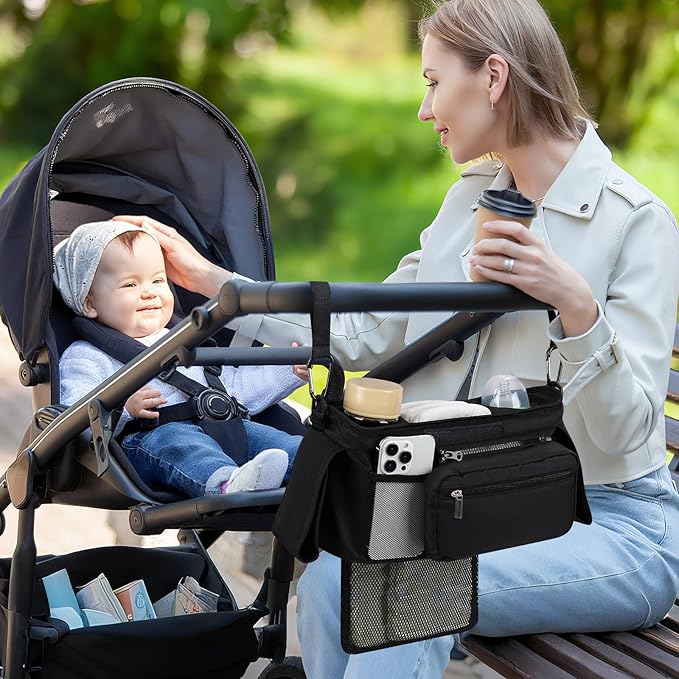 Accmor Universal Stroller Organizer with Insulated Cup Holder Detachable Phone Bag and Shoulder Strap,Stroller Bag Caddy Organizer Fits for Uppababy, Baby Jogger, Britax Strollers-CubbioJoy