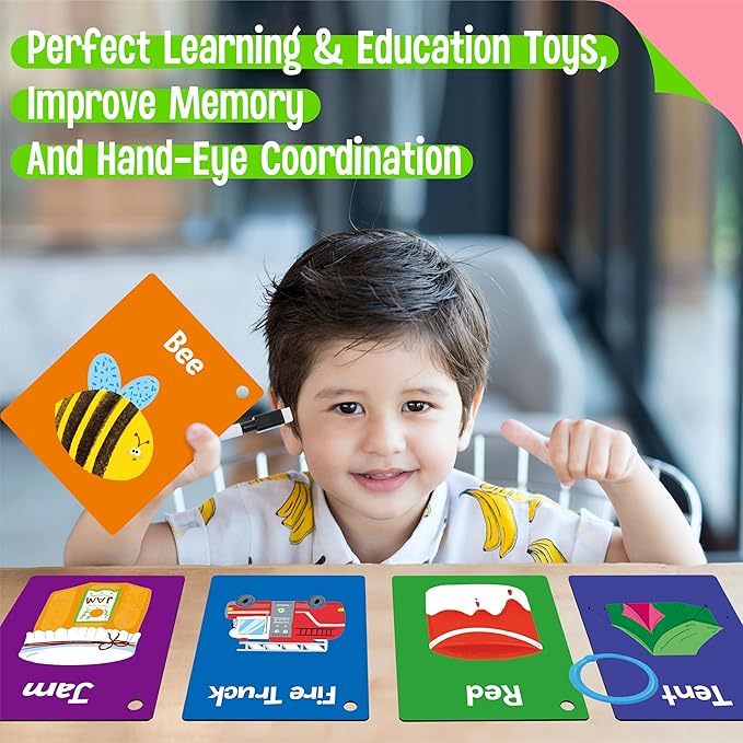 50 PCS First Word Flashcards, Double Sided Learning Cards Alphabet, Foods, Animals, Shapes, Colors, Vehicle, Body Parts with 2 Reclosable Rings, Learning Tool for Pre-K Kindergarten Toddlers-CubbioJoy