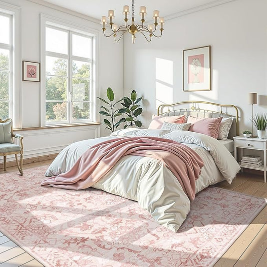 Deerly Pink Area Rugs 9x12 for Living Room Soft Non-Slip, Large Bedroom Rug Vintage Dining Room Rug Tribal Farmhouse Carpet for Dining Room Office Green-CubbioJoy