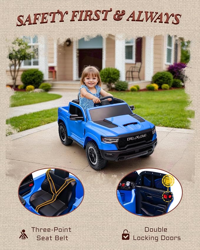 12V Kids Electric Vehicles, Licensed Ram 1500 RHO Kids Ride on Truck with Remote Control, Ride on Car for Children with Smooth Start, Truck Bed Storage, Bluetooth, Aux Port (Blue)-CubbioJoy