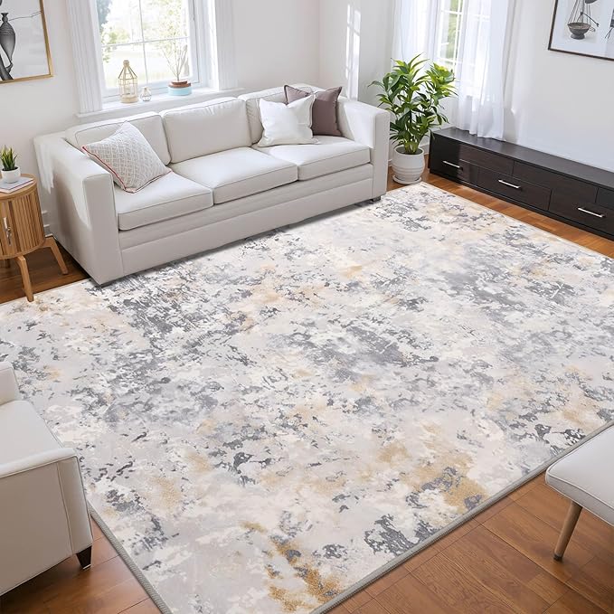 8x10 Grey Area Washable Rugs for Living Room, Abstract Modern Non Slip Bedroom Rugs, Neutral Large Low Pile Carpet Stain Resistant for Dining Room, Kids Playroom, Office-CubbioJoy