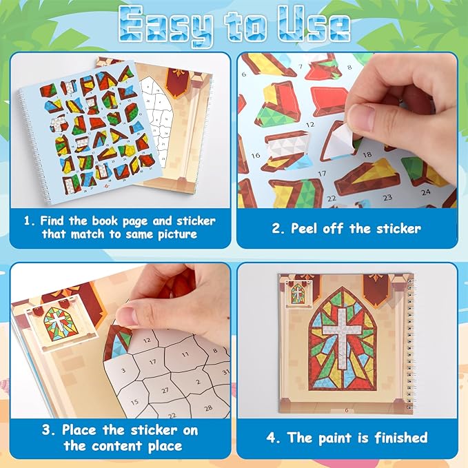4Pcs Bible Paint by Sticker Books Sticker by Number Books Activity Book Stickers Puzzle Book Christian Craft Art Gift Set Party Favor with Jesus Bible Cross 32 Pictures-CubbioJoy