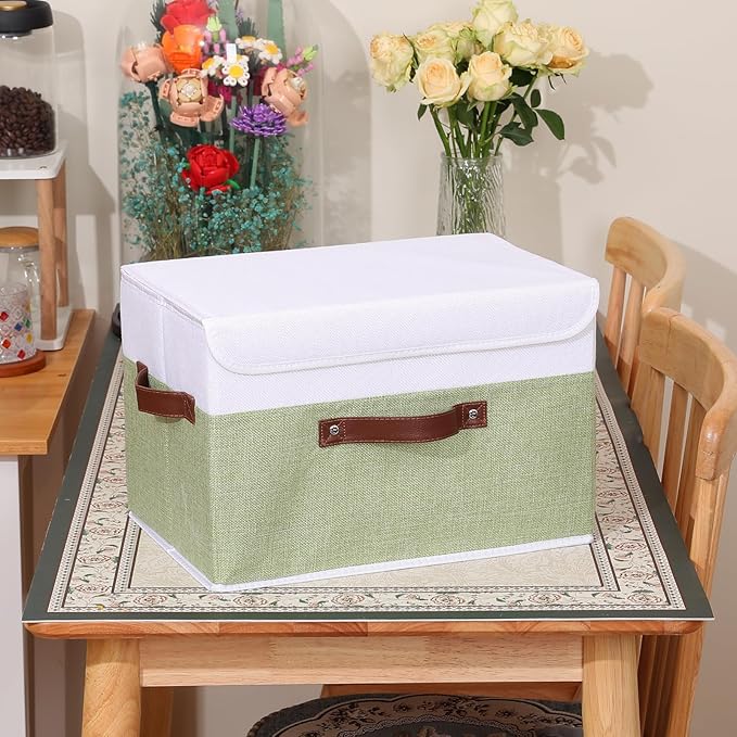 ANMINY Storage Boxes with Lids Washable Decorative Storage Bins Basket with PU Leather Handle Foldable Linen Fabric Storage Cubes Containers for Home Closet Organizer - Green White, Large Size-CubbioJoy