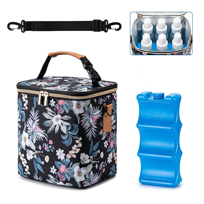 Breastmilk Cooler Bag with Ice Pack Fits 6 Baby Bottles Up to 9 Ounce, Baby Bottle Bag with Shoulder Strap for Nursing Mom Daycare, Floral-CubbioJoy