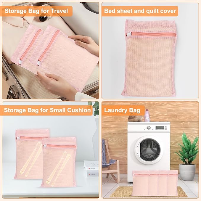 4 Piece Pink Small, Durable Organic Cotton Mesh Laundry Bag with Strong Zipper and Breathable Mesh, Delicate Laundry Bag for Underwear, Clothes, Pants and Socks-CubbioJoy