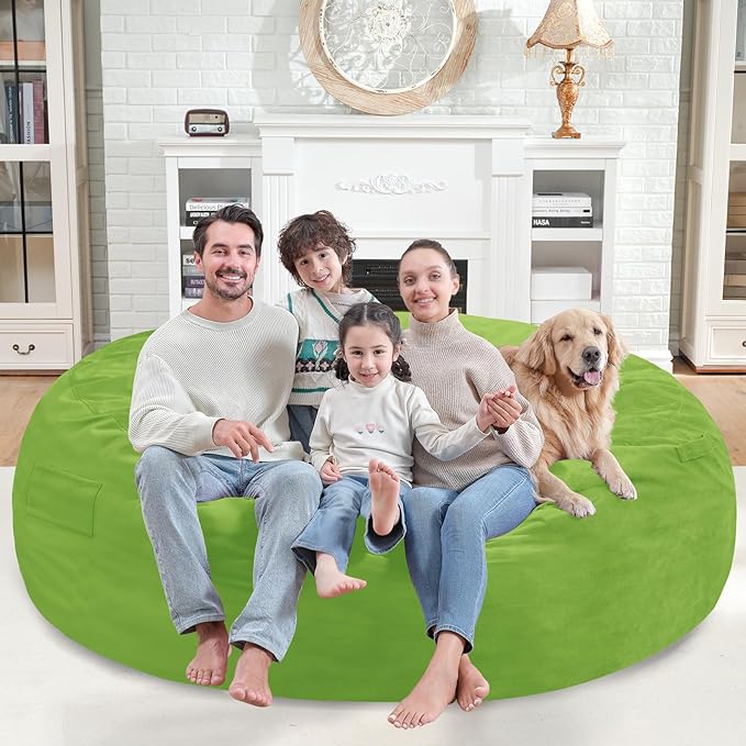 7FT Bean Bag Chair, Large Bean Bag Chairs with Memory Foam Filled, Fluffy Beanbag Sofa with Dutch Velvet Cover, Round BeanBag Chairs for Living Room, Playroom - Lime-CubbioJoy