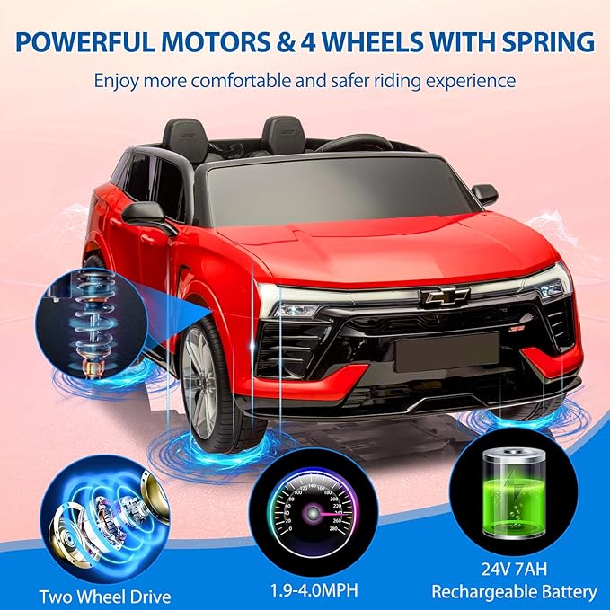 Jojoka Baby Car 24V 2-Seater SUV Licensed Chevrolet Blazer Ride On Toy w/Parent Remote Control,4xSpring Suspension, Wireless Music, Electric Vehicle Car for Kids Ages 3-8, Red-CubbioJoy