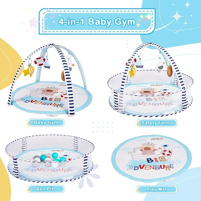 Baby Play Mat, 4-in-1 Baby Play Gym Tummy Time Mat with Ball Pit and 5 Detachable Toys for Newborn to Develop Sensory Exploration and Motor Skill 0-6-12 Months-CubbioJoy