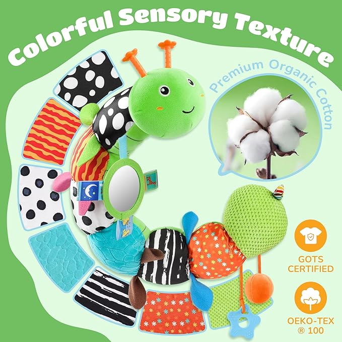 Baby Toys 6-12 Months Music Caterpillar Infant Toys Stuffed Animals 0-3-6 Months Tummy Time Teething Sensory Toys with Mirror Rattle&Pull String for Boys Girls Birthday Gifts|Grass Green,Leafy-CubbioJoy