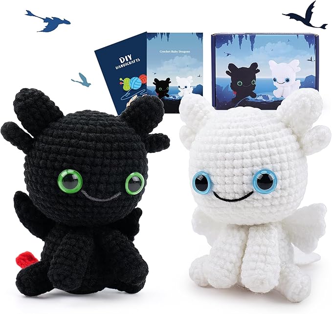 Dragon Crochet Kit for Beginners, 2PCS Black and White Dragon Crochet Animal Kit with Step-by-Step Video Tutorials, Crocheting Kits, Crochet Starter Kit for Kid and Adult, Stuffed Animal Knitting Kits-CubbioJoy