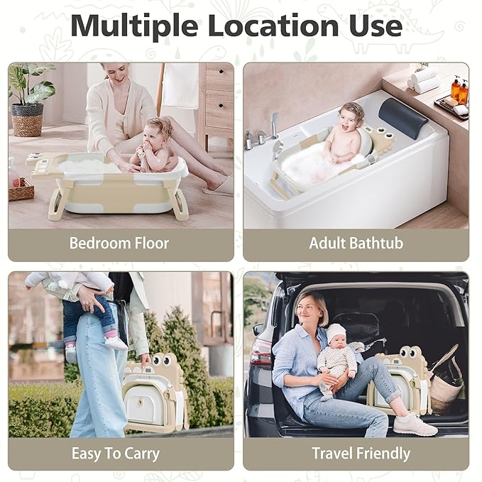 Collapsible Baby Bathtub for Newborn, Foldable Baby Bath Tub with Thermometer & Soft Floating Cushion & Drain Hole, Portable Travel Infant Bath Tubs for Newborns to Toddlers 0-36 Months Boys, Beige-CubbioJoy