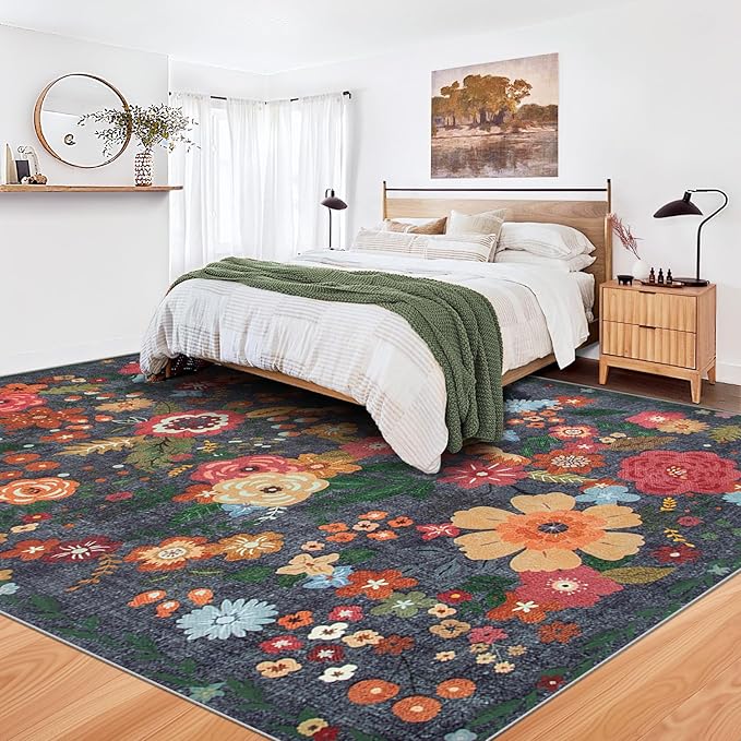 8x10 Area Rug for Living Room: Vintage Floral Washable Rug Soft Boho Non Slip Carpet Large Indoor Floor Non Shedding Low Pile Thin Carpets for Bedroom Dining Room Farmhouse Nursery Home Office Black-CubbioJoy