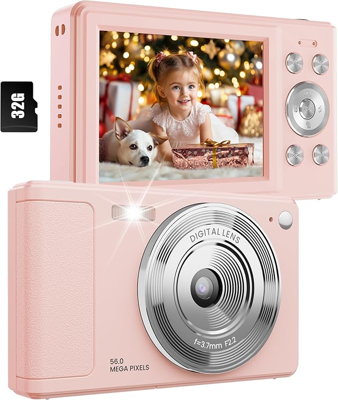 Digital Camera, 56MP FHD 1080P Point & Shoot Camera with 32GB SD Card, 2 Batteries, and Lanyard, Ideal for Kids & Teens, Suitable Gift for Girls-CubbioJoy