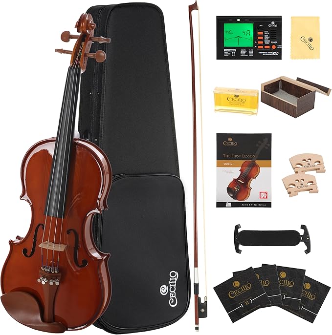 Cecilio 1/2 Size Natural Varnish Violin for Beginners, Hand-Carved Solid Spruce Top, Maple Back & Sides, Full Fiddle Kit with Hard Case, Bows, Rosin, Shoulder Rest, Lesson Book-CubbioJoy