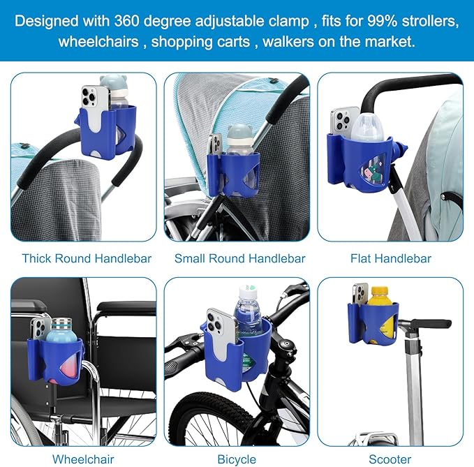 Accmor Universal Cup Holder, Stroller Cup Holder with Phone Holder, 360° Rotatable Large Caliber Designed Bottle Holder for Stroller, Bike, Wheelchair, Walker, Scooter-CubbioJoy
