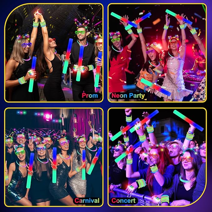 282 PCS Glow in the Dark Party Supplies, 18 Foam Sticks, 18 LED Glasses, 200 Glow Sticks, 30 Finger Lights, 8 Bunny Ear Headband and 8 LED Cat Ear Headband for Wedding,Birthday,Concert,New Year-CubbioJoy