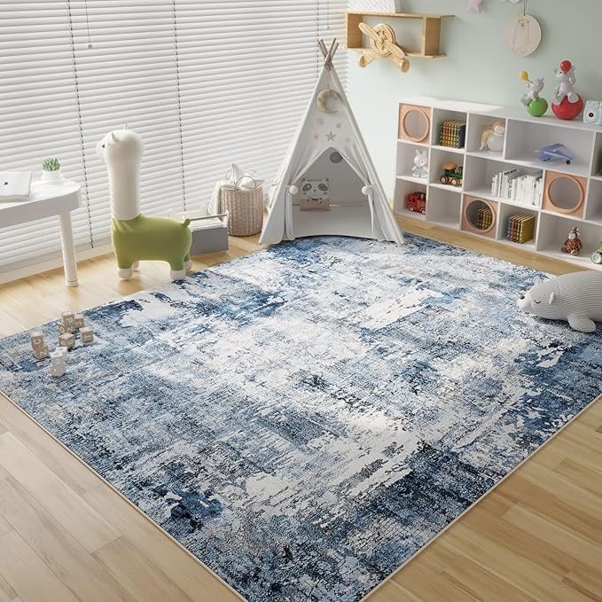 8x10 Rug Washable Boho Rug Soft Large Area Rug Non-Slip Non-Shedding Faux Wool Vintage Rug for Living Room, Farmhouse, Dining Room, Indoor, Kids Playroom, Blue-CubbioJoy