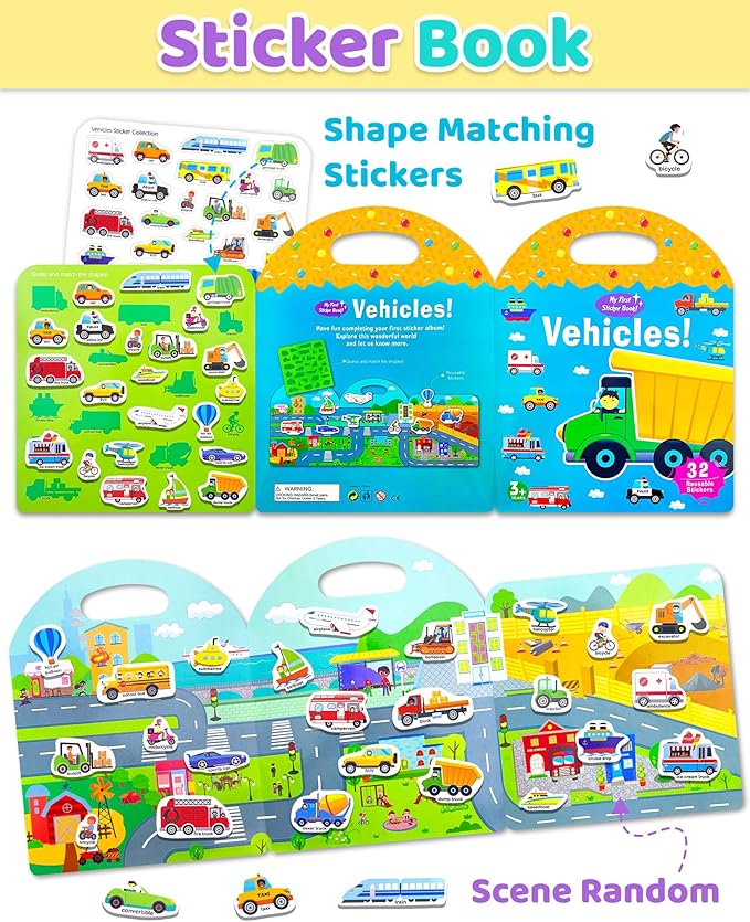 Benresive Reusable Sticker Book for Toddlers 2-4 Years, Fun Travel Stickers for Kids, Waterproof Sticker Books for Toddlers 1-3, Crafts Activities for Todddlers 1-3 2-4 3-5 - Transport-CubbioJoy