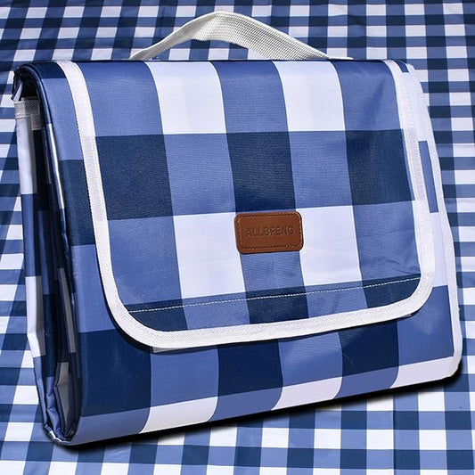 80"x80" Extra Large Waterproof Outdoor Mat - Sandproof Foldable Picnic Blanket for Family Camping, Backyard, Beach Parties - Heavy Duty & Easy Storage (Blue&White)-CubbioJoy