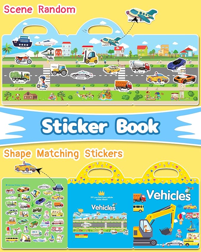 Benresive Reusable Sticker Book for Toddlers 2-4 Years, Fun Travel Stickers for Kids, Waterproof Sticker Books for Toddlers 1-3, Crafts Activities for Todddlers 1-3 2-4 3-5 - Vehicle-CubbioJoy