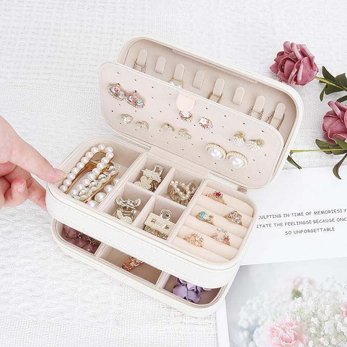 DesignSter Small Travel Jewelry Box with Double Zipper, 2 Layers PU Portable Jewelry Case for Women and Girls,Travel Jewelry Organizer for Rings, Earrings, Necklaces, Bracelets,Beige-CubbioJoy