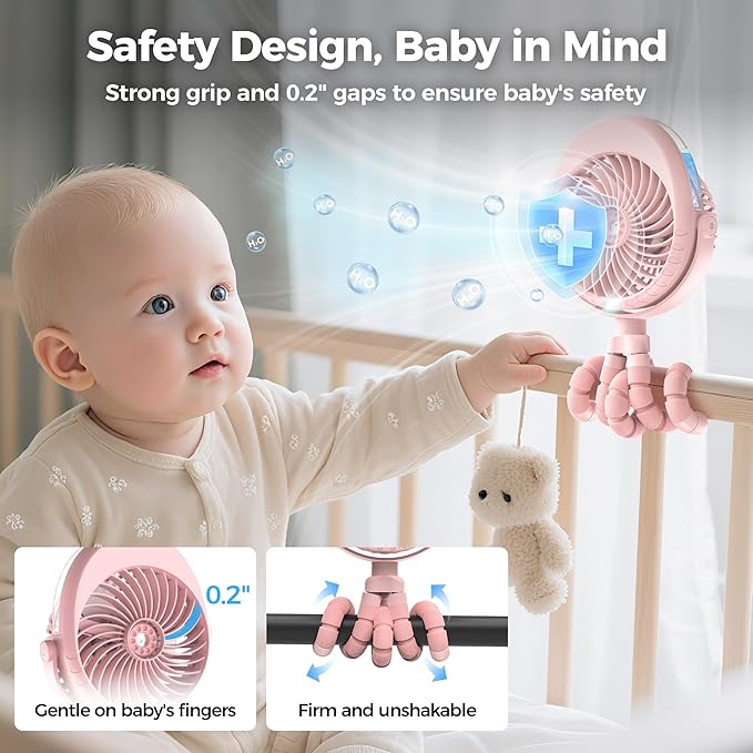 2025 Upgarded 4000mAh Misting Baby Stroller Fan, Rechargeable Battery Operated,Max 15Hrs Cooling,50ml Portable Water Sprayer Misting Fan with Flexible Tripod Clip on Car Seat Crib Treadmill Bunk Bed-CubbioJoy