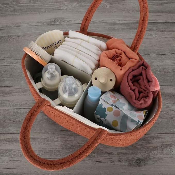 Baby Diaper Caddy Organizer for Girl Boy Cotton Rope Nursery Storage Bin Basket Portable Holder Tote Bag for Changing Table Car Travel Baby Shower Gifts Newborn Essentials Registry Must Have Rust-CubbioJoy