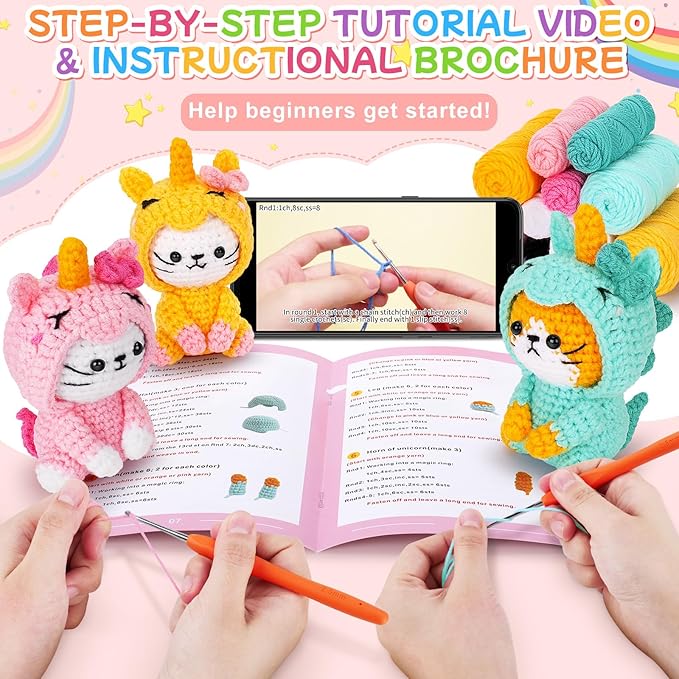 Crochet Kit for Beginners - 3 PCS Unicorn Cat Crochet Kits with Step-by-Step Video Tutorials, Beginner Crochet Kit for Adults Kid, Crochet Animal Kit for Starters, Cat Dressed as Unicorn Set-CubbioJoy