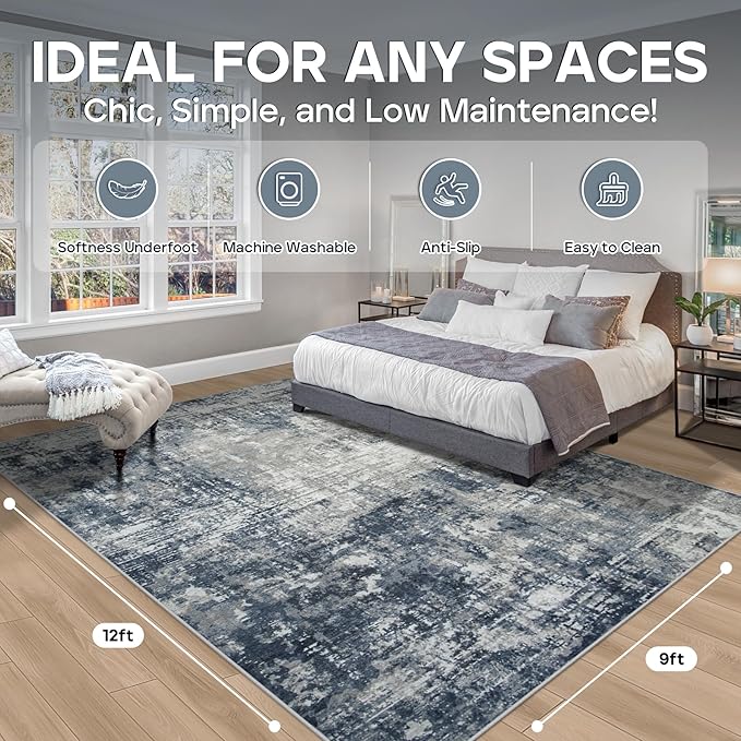 9x12 Area Rugs for Living Room Rug Washable: Modern Large Rug for Dining Room Bedroom Carpet Non Slip 9 by 12 Indoor Abstract Nursery Home Office Blue Grey-CubbioJoy