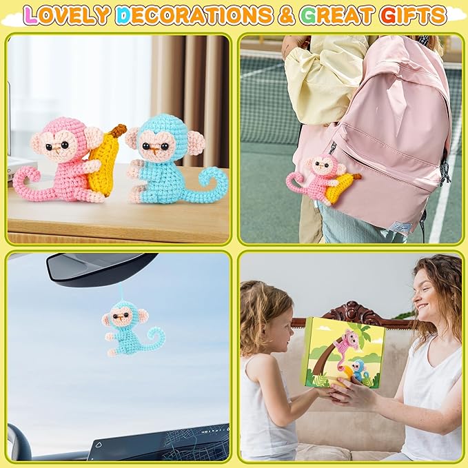 Crochet Kit for Beginners - 2 PCS Monkey with Banana Crochet Kits with Step-by-Step Video Tutorials, Beginner Crochet Kit for Adults, Crochet Monkey Kit for Kids (Blue & Pink)-CubbioJoy