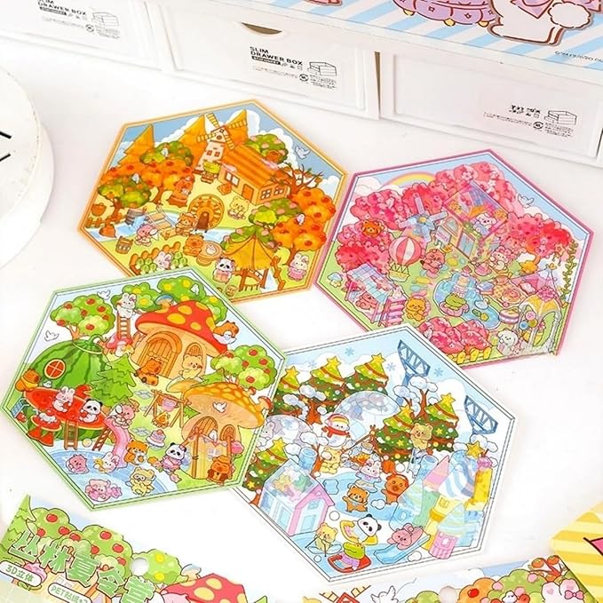 4 Sets DIY 3D House Stickers - Four Seasons Theme: Create Your Own Cute Cartoon Miniature Scene Sticker Art Kit for Kids & Adults, Stress Relief (Spring Summer Autumn Winter Theme)-CubbioJoy