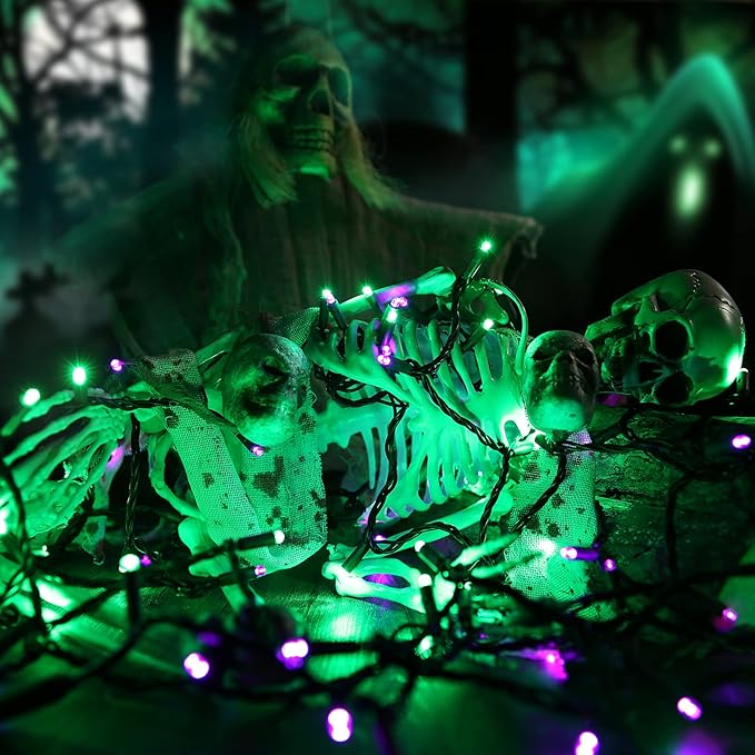 Brizled Purple & Green Halloween Lights, 33ft 100 LED Halloween String Lights 5mm Wide Angle String Lights, 120V UL Certified Connectable Halloween Lights Outdoor for Party Halloween Decor, Black Wire-CubbioJoy