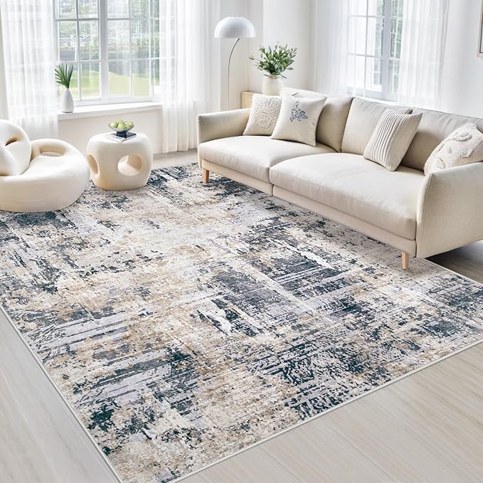 Area Rugs 6x9 Living Room: Washable Rug Modern Abstract Large Rugs Soft Non Slip Neutral Rug Stain Resistant Indoor Carpet for Bedroom Kitchen Dining Room Nursery Home Office Rugs(Black Brown,6'x9')-CubbioJoy