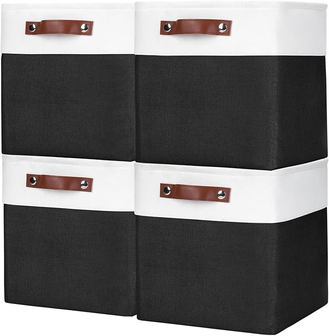 Collapsible Fabric Storage Cubes 11x11 Cube Storage Bins, 4 Pack Closet Baskets Box with Handles for Organizing, Shelf, Toys, Clothes, Home, Office, Nursery (Black&White)-CubbioJoy