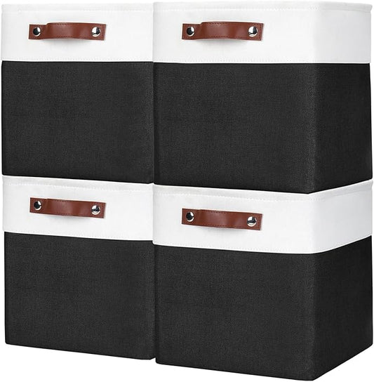 Collapsible Fabric Storage Cubes 11x11 Cube Storage Bins, 4 Pack Closet Baskets Box with Handles for Organizing, Shelf, Toys, Clothes, Home, Office, Nursery (Black&White)-CubbioJoy