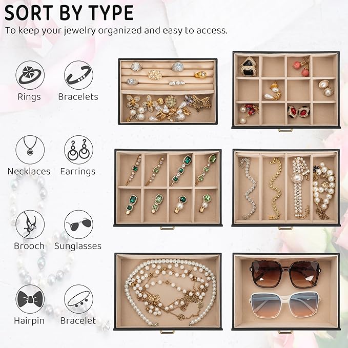 AKOZLIN Large 6-Tier Jewelry Box Lockable Leather Jewelry Storage Case with 5 Drawers for Women Girls Ring Necklace Earring Bracelet Holder Organizer with Mirror-CubbioJoy