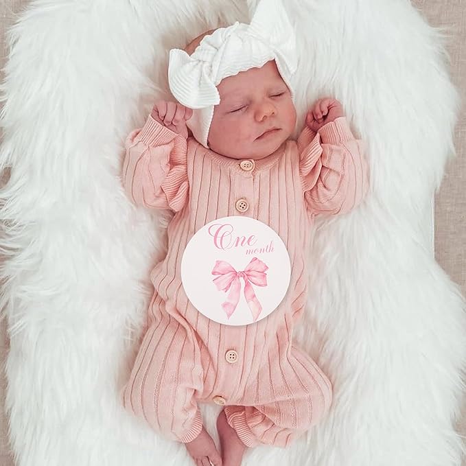 Bow Baby Monthly Milestone Markers - Baby Monthly Milestone Discs Photos,Coquette Bow Month Photo Signs,Baby’S First Year Newborn Signs for Girl (Pink)-CubbioJoy