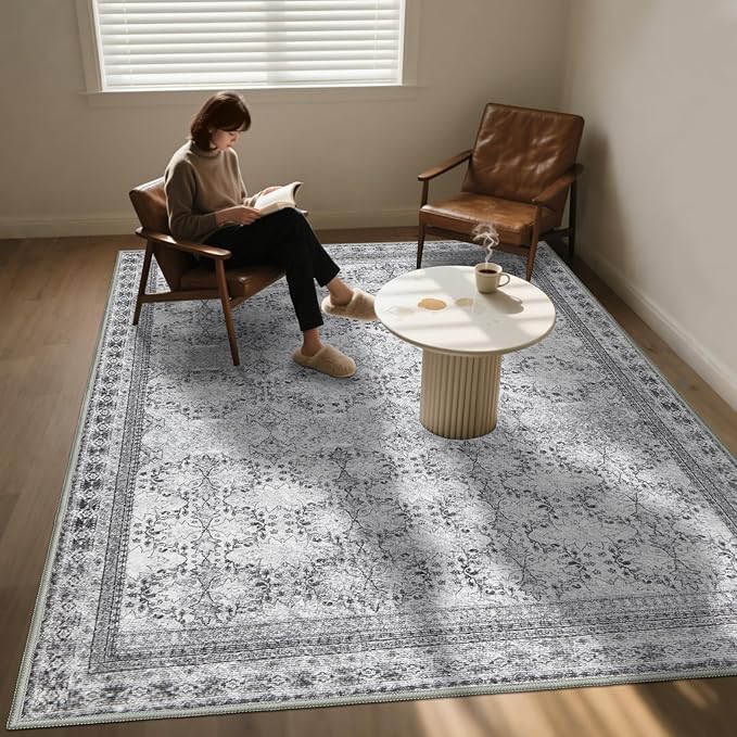 4x6 Area Rug for Bedroom Machine Washable, Non Slip Vintage Floral Kitchen Rugs for Dining Room,Rustic Indoor Floor Carpet for Kids Room, Playroom, Office Classroom Faded Grey-CubbioJoy