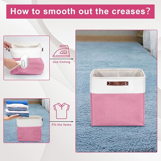 13x13 Cube Storage Bins, Collapsible Fabric Storage Box, 4 Pack Closet Baskets with Handles for Organizing, Shelf, Toys, Clothes, Home, Office, Nursery (Pink&White)-CubbioJoy