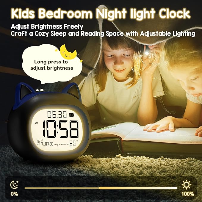 Kids Alarm Clock with Night Light for Kids, Small Digital Alarm Clocks for Bedrooms, Routine Builder, Cute Cat Alarm Clock with Sleep Training, Snooze, 12/24H, Date & Day, Temperature, USB Port-CubbioJoy